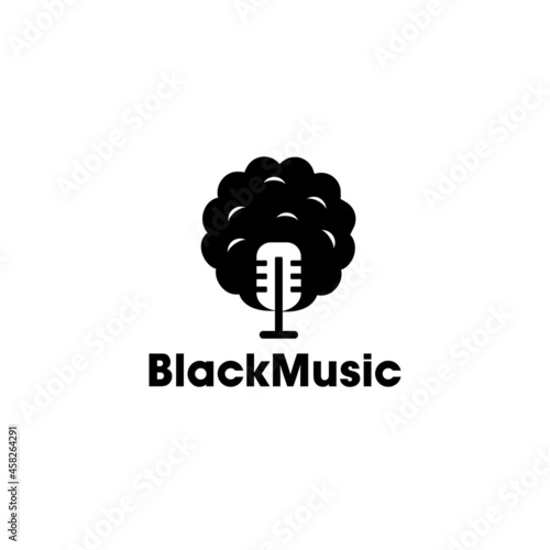 black people head with afro hair podcast logo icon vector with microphone in negative space style modern illustration.