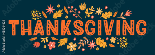 Decorative lettering for Thanksgiving Day with autumn design elements. illustrations for banners, cards, posters and invitations.