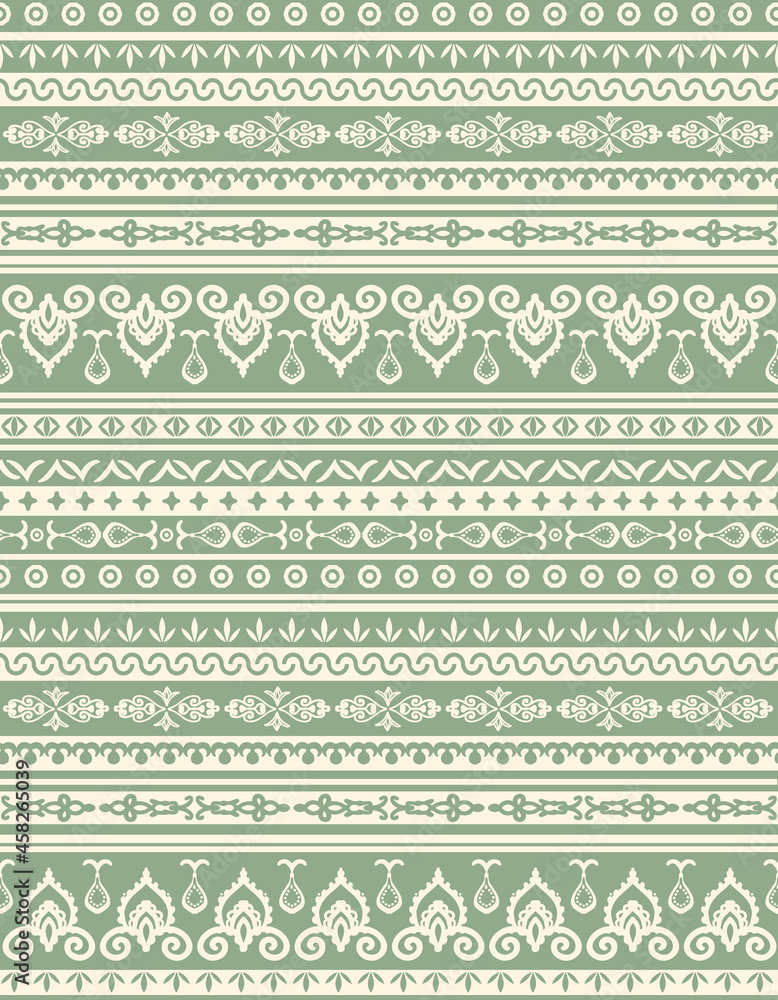 Boho, tribal, hand drawn repeat elements seamless pattern. Vertical, vector paisley and damask illustrations all over print on sage green background. Boho, tribal, hand drawn repeat elements seamless pattern. Vertical, vector paisley and damask illustrations all over print on sage green background.