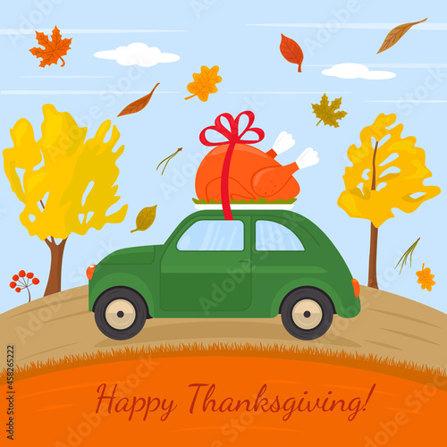 a small car on the roof is driving a holiday turkey for Thanksgiving. a trip home for the holidays.