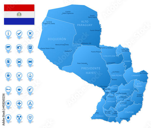 Blue map of Paraguay administrative divisions with travel infographic icons.