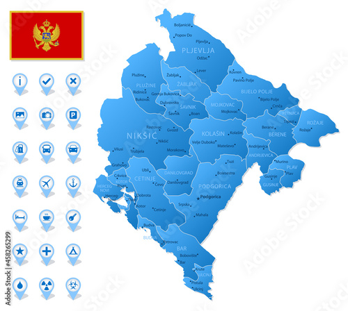 Blue map of Montenegro administrative divisions with travel infographic icons.