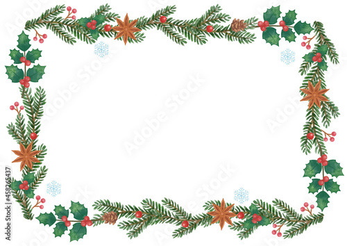 手描き風　クリスマス　モミの木（クリスマスツリー）と木の実のドライフラワーラインフレーム