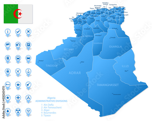 Obraz na plátně Blue map of Algeria administrative divisions with travel infographic icons