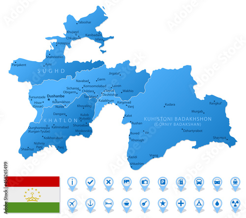 Blue map of Tajikistan administrative divisions with travel infographic icons.