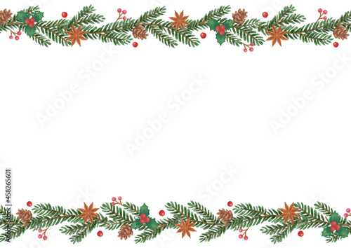 手描き風　クリスマス　モミの木（クリスマスツリー）と木の実のドライフラワーラインフレーム