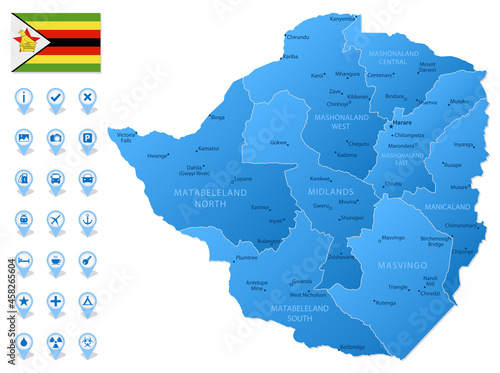 Blue map of Zimbabwe administrative divisions with travel infographic icons.