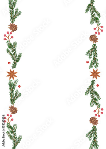 手描き風 クリスマス モミの木（クリスマスツリー）と木の実のドライフラワーラインフレーム