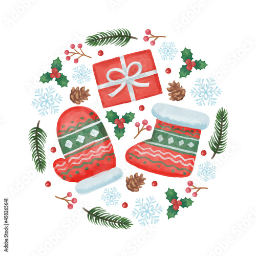 手描き風　クリスマス　暖かい手袋と靴下と雪の結晶とプレゼントのかわいいデザインテンプレート