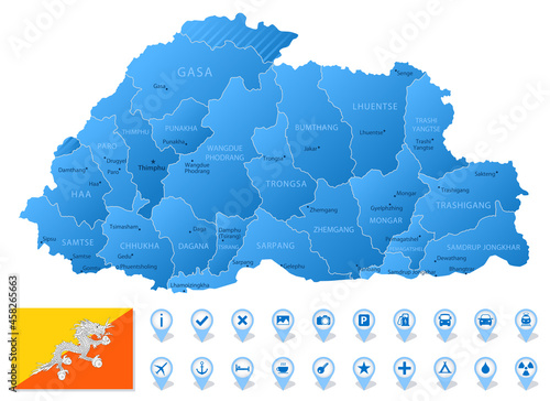 Blue map of Bhutan administrative divisions with travel infographic icons.