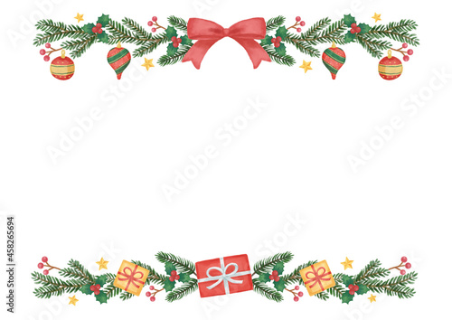 手描き風　クリスマス　モミの木（クリスマスツリー）とオーナメントのラインフレーム