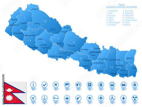 Blue map of Nepal administrative divisions with travel infographic icons.