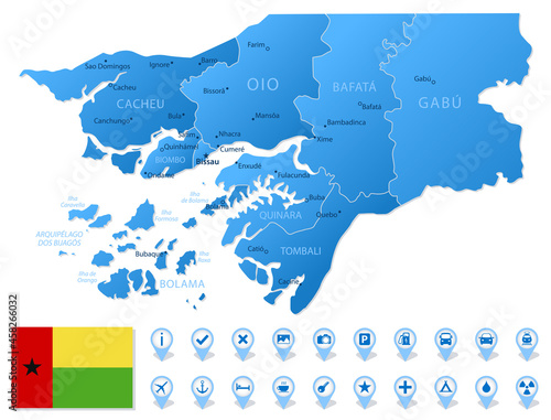 Blue map of Guinea Bissau administrative divisions with travel infographic icons. photo