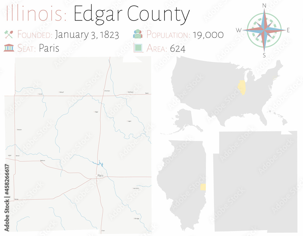 Fototapeta premium Large and detailed map of Edgar county in Illinois, USA.