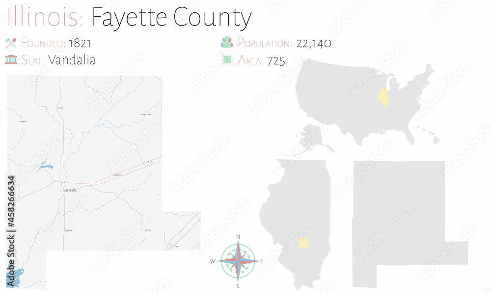 Large and detailed map of Fayette county in Illinois, USA.