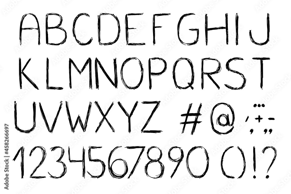 Hand drawn Latin alphabet. Sketch ABC black and white