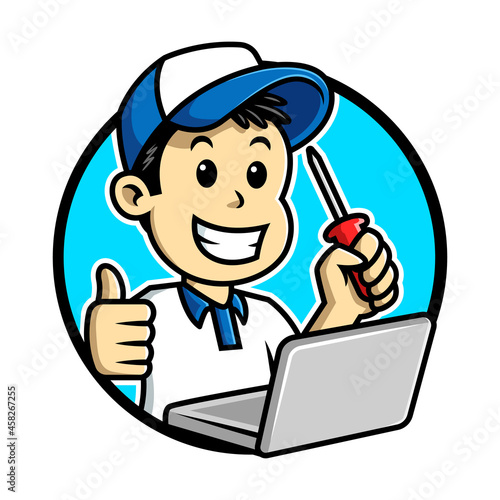 Laptop technician holding screwdriver and showing thumb up. Computer service and maintenance logo. Cartoon and vector illustration of a male person with blue hat repairing laptop