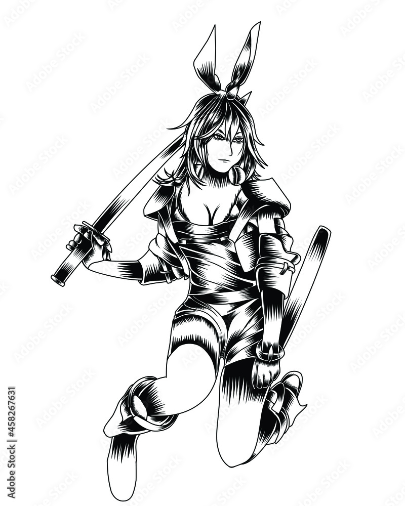 Artwork Illustration Of Green Bunny Girl In Action With Sword Black And White Silhouette Artwork Illustration Of Green Bunny Girl In Action With Sword Black And White Silhouette