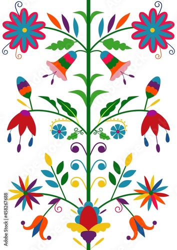 Ethnic floral seamless pattern isolated on white background. Mexican traditional Otomi embroidery style. For card, cover, flyer, banner, textile. photo