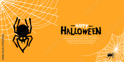 Halloween vector design with spider silhouette on orange background for poster, invitation, banner and celebration event