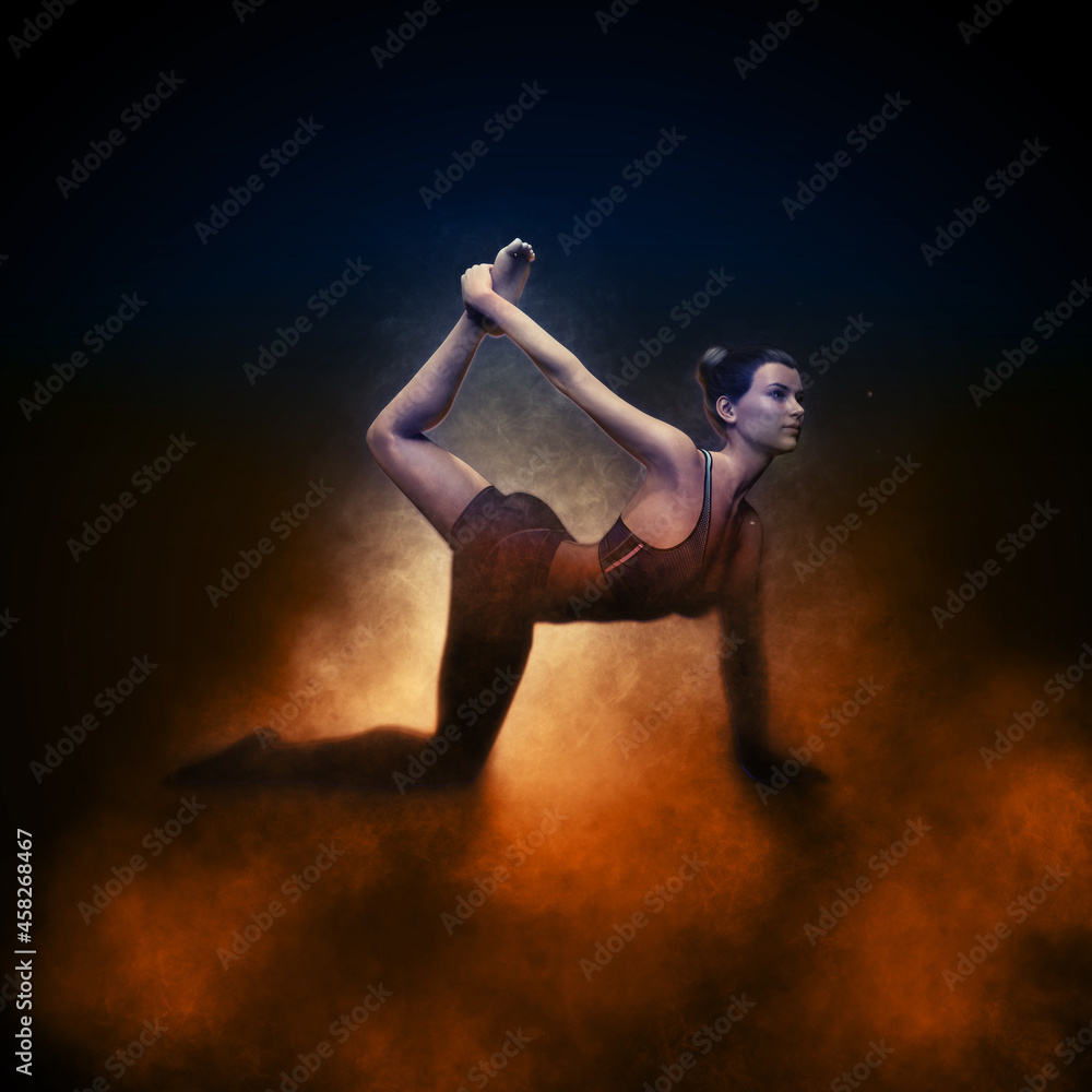 Woman stretching in colorful smoke