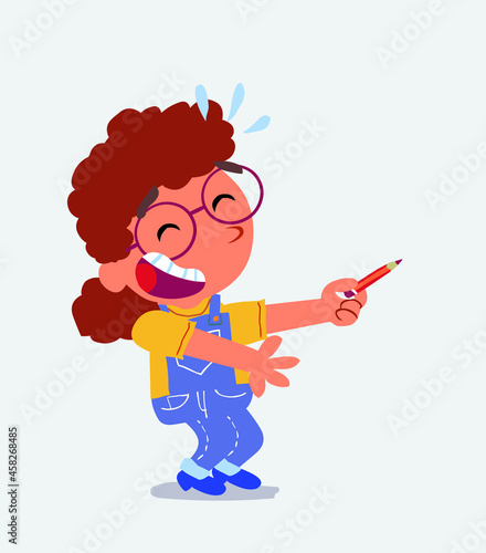 cartoon character of little girl on jeans laughs while pointing to the side with a pencil.