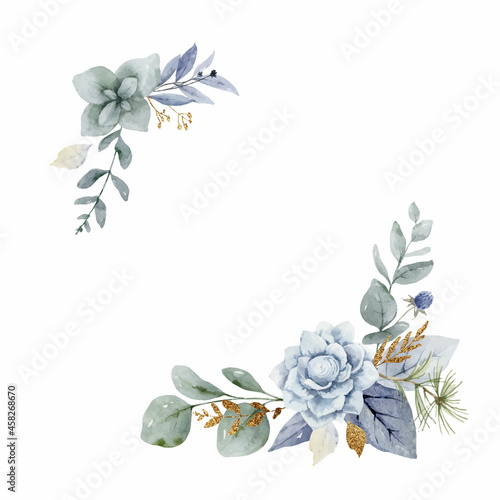 A watercolor vector Christmas wreath with dusty blue flowers and branches.