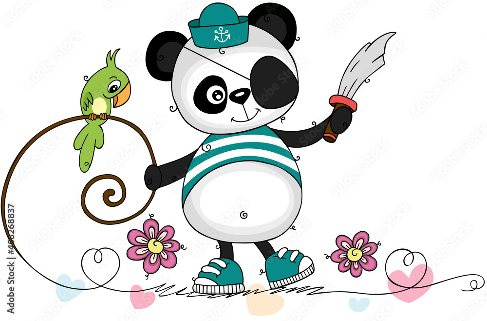 Naklejka premium Funny pirate panda with parrot and sword 