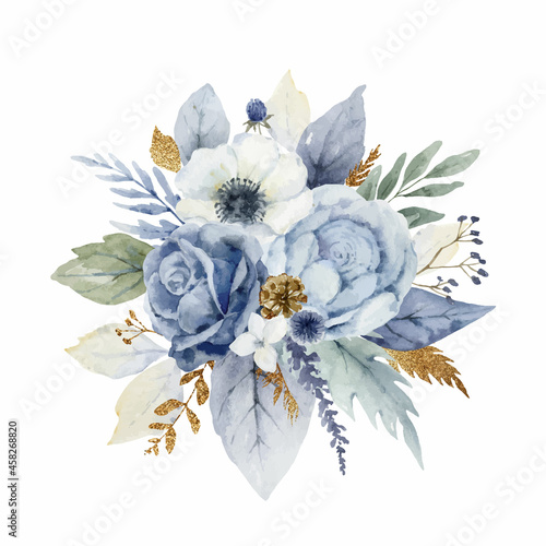 A watercolor vector Christmas bouquet with dusty blue flowers and branches.