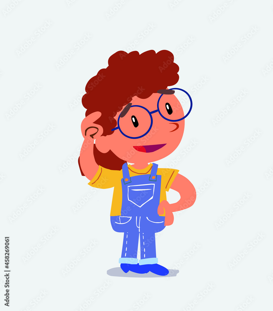 Thoughtful cartoon character of little girl on jeans scratching his head.