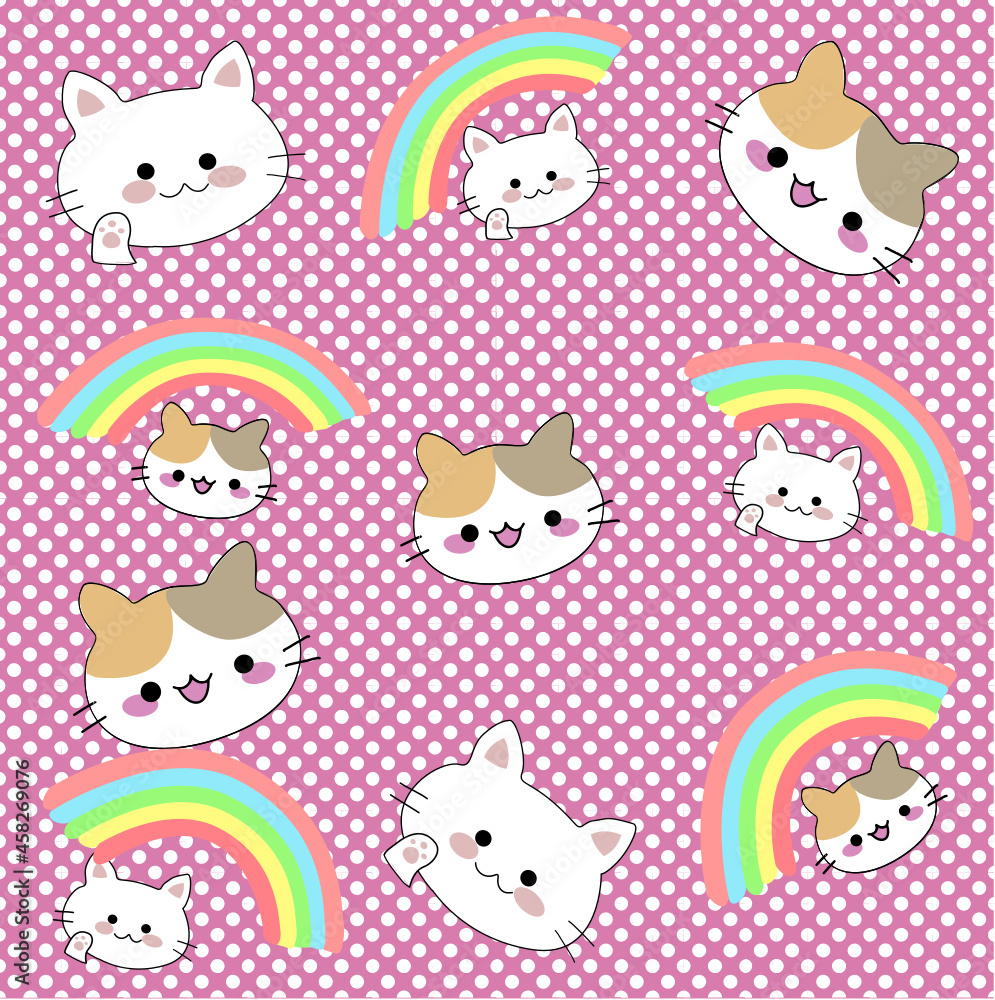 Cartoon colorful cat and rainbows.Isolate on polka dot background. Seamless pattern. For your business,textiles,card,wallpaper, fabric. Cartoon colorful cat and rainbows.Isolate on polka dot background. Seamless pattern. For your business,textiles,card,wallpaper, fabric.