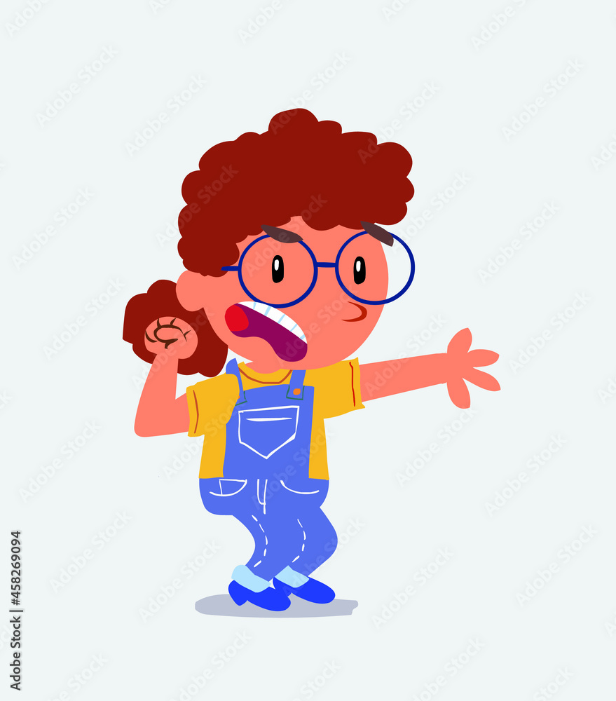 Very angry cartoon character of little girl on jeans pointing at something.