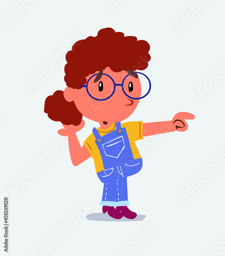 Surprised cartoon character of little girl on jeans points to something to his side.