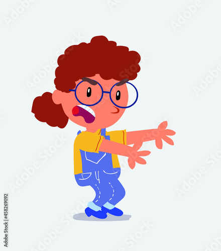 Very angry cartoon character of little girl on jeans pointing at something at side.