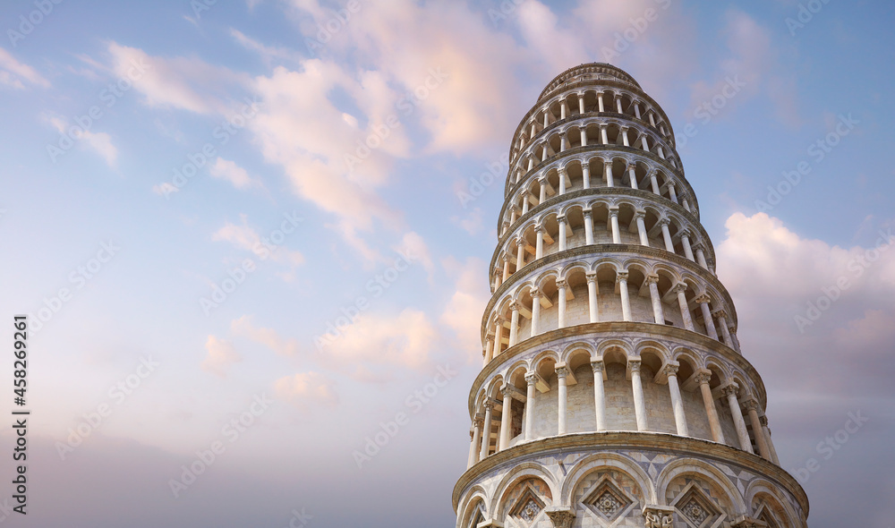 Pisa, Italy, a low angle view of the famous Leaning Tower of Pisa, at sunset, nobody