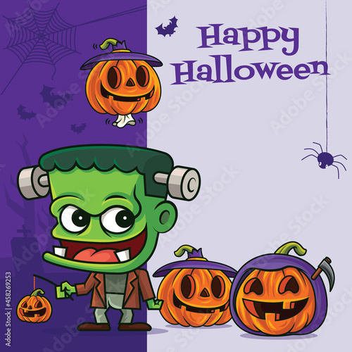 Cartoon cute Frankenstein monster with various funny pumpkin on halloween greeting signboard