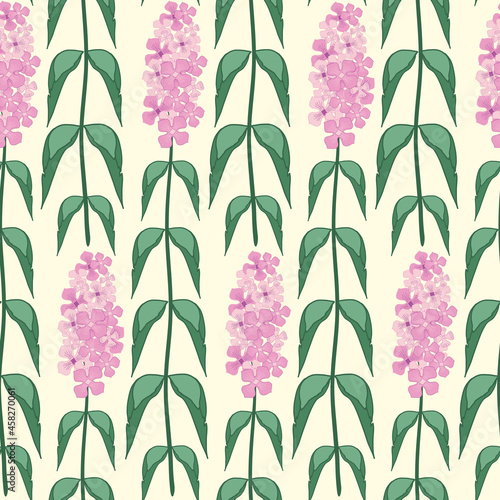 Buddleia seamless vector pattern background. Known as butterfly bush. Hand drawn clusters of pink purple petals on tall stems on yellow backdrop. Popular garden shrub geometric repeat. For wellness