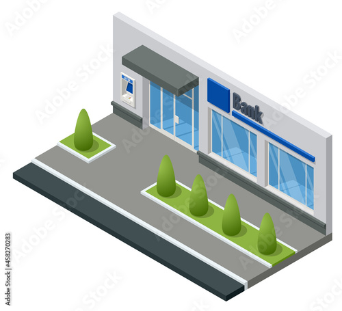 Isometric Bank Branch Office Building Isolated on White. Financial Center. City Bank Building on the Street