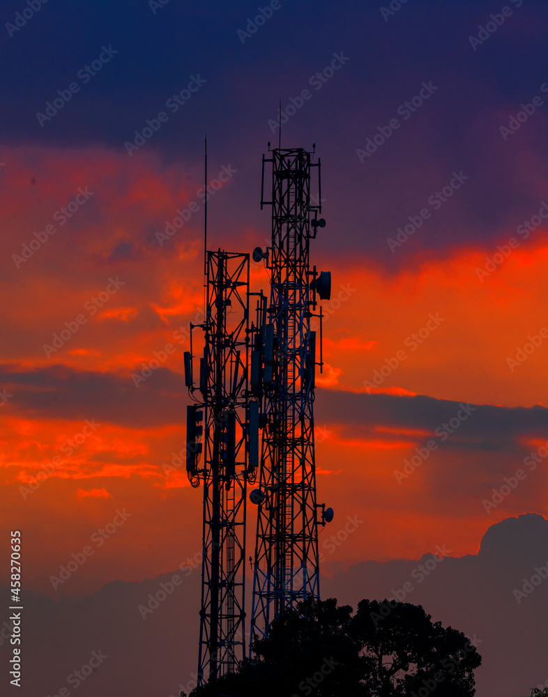 A base transceiver station (BTS) on sunset, BTS telecommunication A base transceiver station (BTS) on sunset, BTS telecommunication