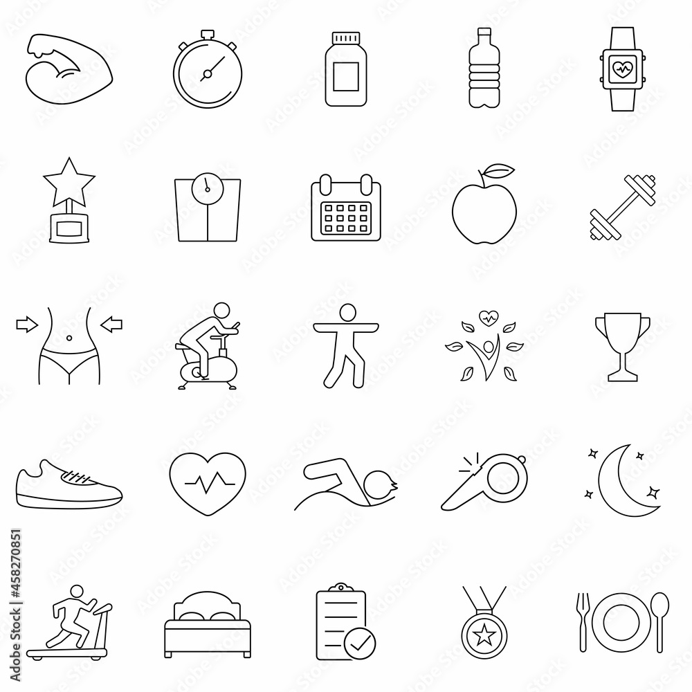 Simple Set of Fitness Related Vector Line Icons. Contains such Icons as Workout, Sleep, Diet Plan, Sport Supplements, Nutrition and more. Premium pack of icons in trendy line style. Eps10 Simple Set of Fitness Related Vector Line Icons. Contains such Icons as Workout, Sleep, Diet Plan, Sport Supplements, Nutrition and more. Premium pack of icons in trendy line style. Eps10