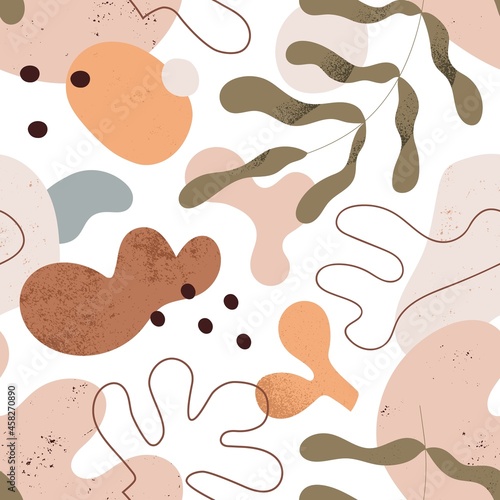 Modern abstract pattern with organic shapes and leaves on white background. T...