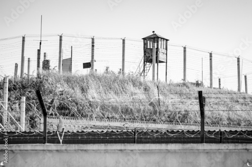 Observation tower. Observation deck at a military base. Black and white