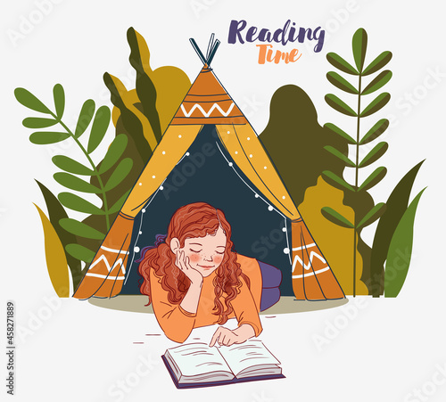 Cute girl reading a book in the garden. Nature landscape background. Summer holidays illustration. Vacation time stock
