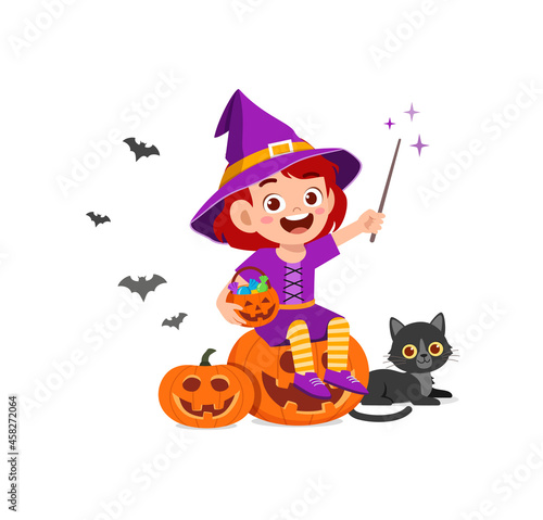 cute little girl celebrate halloween wear witch costume