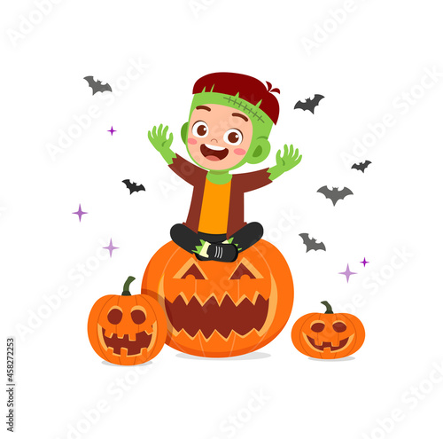 cute little boy celebrate halloween wear zombie costume