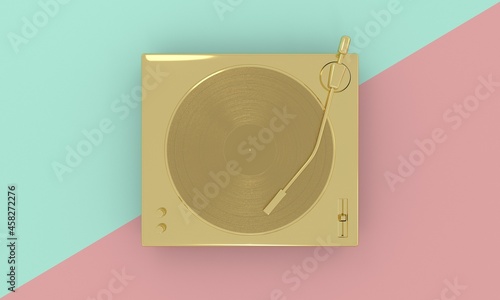 Vintage vinyl record gold on dj turntable on combined pastel colors background. Retro sound technology concept to play music. Top view. Minimal style