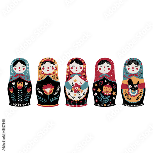 Set of Matryoshka Russian Nesting Doll. Traditional Russian Culture. Folk toy. Babushka doll. Hand drawn vector illustration. 