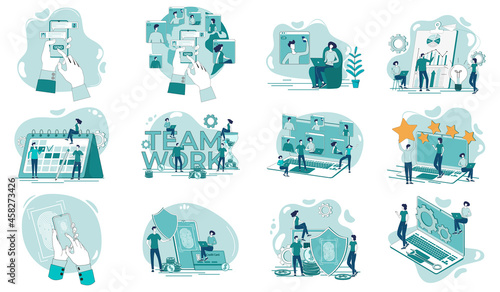 Biometric access,teamwork, video conference,web development, social networks.A set of flat icons vector illustrations on the topic of business and technology.