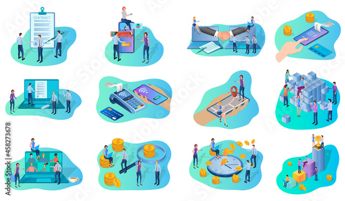 Business agreements,online payments,online conference, time control,teamwork.A set of isometric icons vector illustrations on the topic of business and technology.