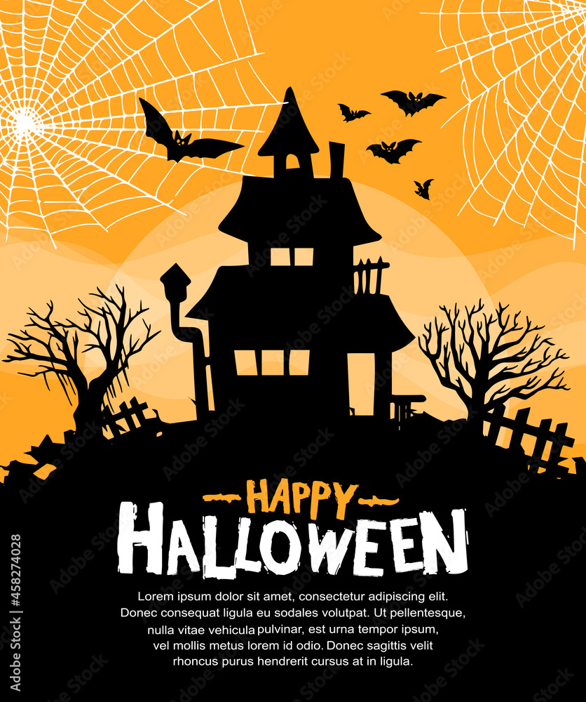 Halloween vector design with spooky house silhouette on orange background for poster, invitation, banner and celebration event